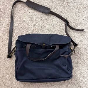 Filson Rugged Twill Original Briefcase Navy Canvas Bag with Dark Brown Leather